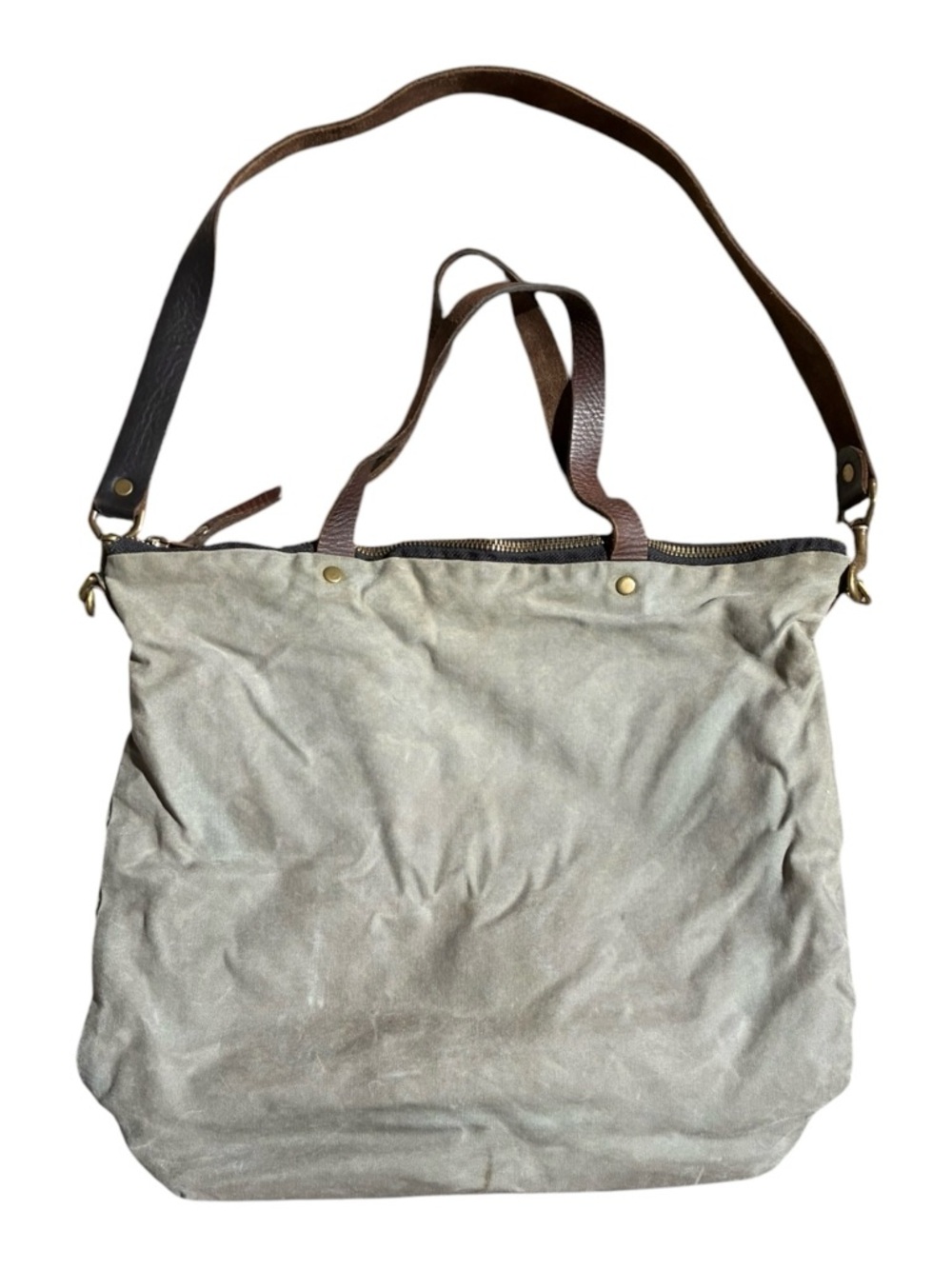 BooKhou Waxed Canvas and Leather Tote Bag in Taupe with Brown Straps